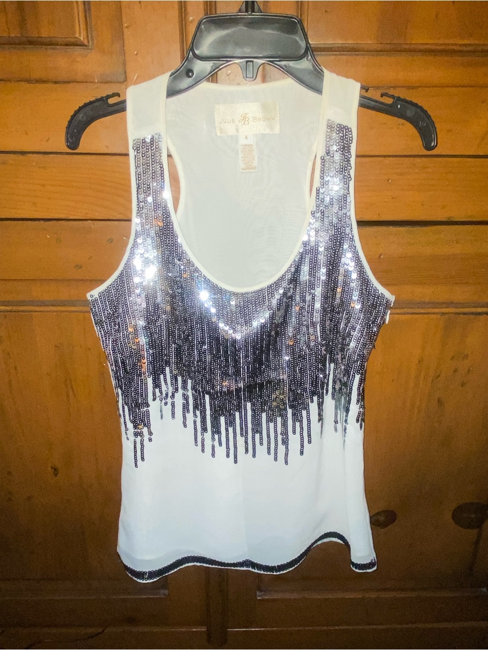 Julie Brown Sequined Sheer Tank Top-Cream-Size 4